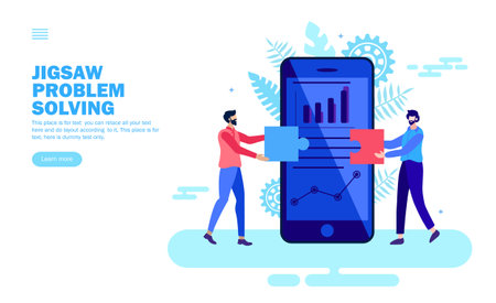 team solving problem in app with jigsaw vector illustrationのイラスト素材