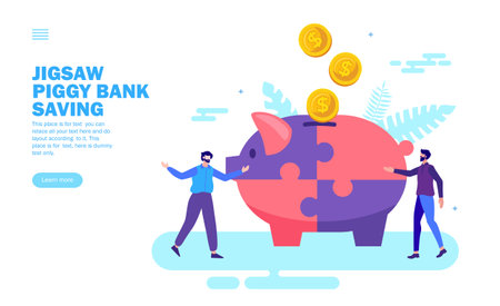 team solving problem money saving with jigsaw piggy bank vector illustrationのイラスト素材