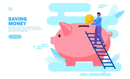 man saving money in piggy bank flat vector illustrationのイラスト素材