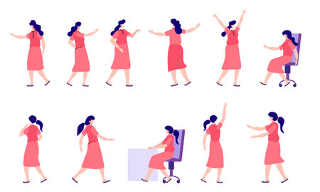 Set of young female character in different poses. Flat vector illustrationのイラスト素材