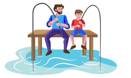 father and son fishing isolated vector illustrationのイラスト素材