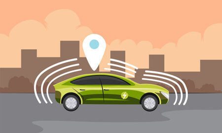 driverless electric car on road vector illustrationのイラスト素材
