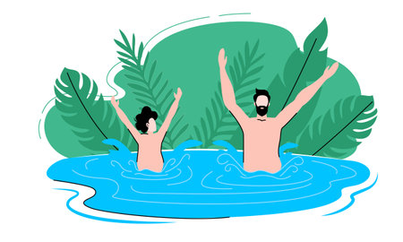father and son swimming and enjoying in water vector illustrationのイラスト素材