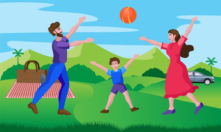 parents, mother and father playing with son at picnic vector illustrationのイラスト素材