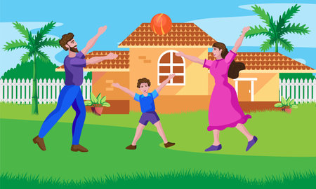 mother and father playing ball with son in home garden, family playing outside vector illustrationのイラスト素材