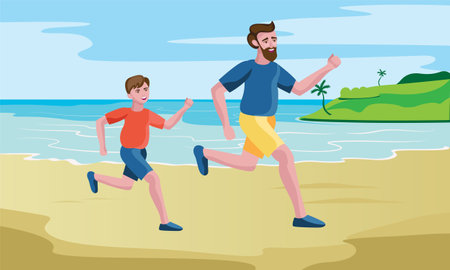 father and son running or jogging at seashore vector illustrationのイラスト素材