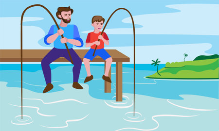 father and son fishing vector illustrationのイラスト素材