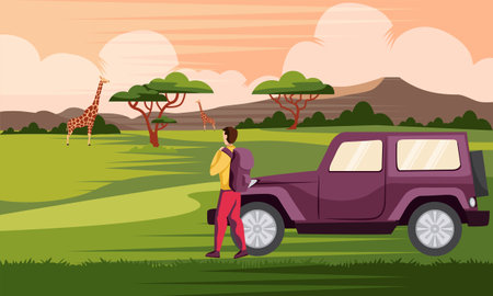 safari in africa watching giraffe vector illustrationのイラスト素材