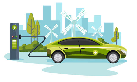electric car charging at the charging station with wind turbines vector illustrationのイラスト素材
