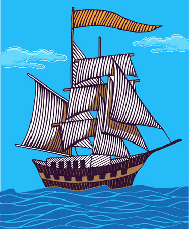 vintage hand drawn line art ship in sea engraved color vector illustrationのイラスト素材