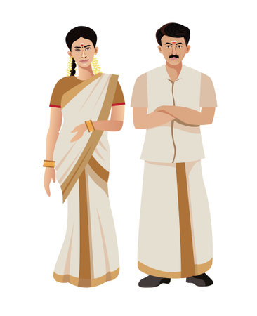 kerala traditional dress man and woman vectorのイラスト素材