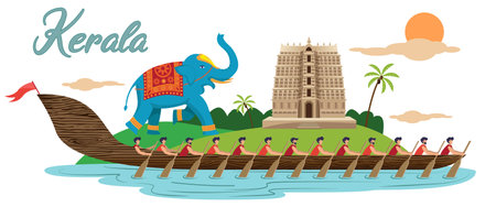 indian kerala design, snake racing boat with south indian temple and decorated elephant vector illustrationのイラスト素材
