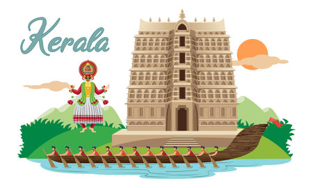 indian kerala design, racing boat with south indian temple and kathakali dancer vectorのイラスト素材