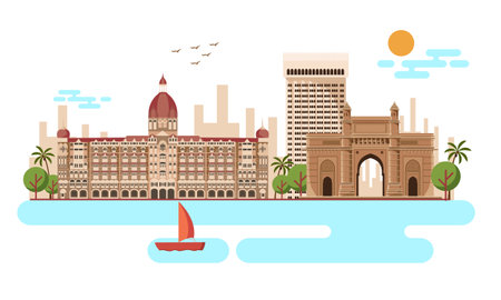 gateway of india and the Taj Mahal Hotel Mumbai, vector illustrationのイラスト素材