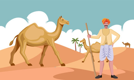 rajasthan rabari man with camels in desert vector illustrationのイラスト素材