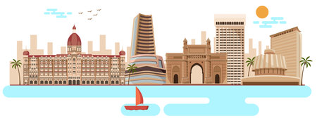 mumbai famous monuments and skyline vector illustrationのイラスト素材