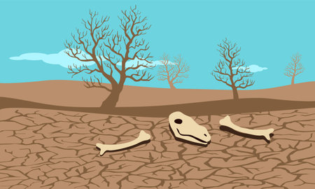 drought condition cracked land with dry trees vector illustrationのイラスト素材