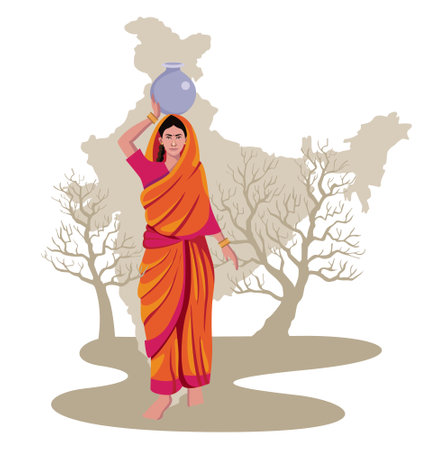 indian woman carrying water on head with india map, drought condition vector illustrationのイラスト素材