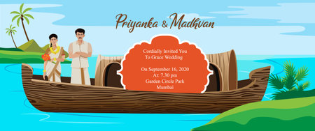 indian kerala wedding card invitation design template with boat house vector illustrationのイラスト素材