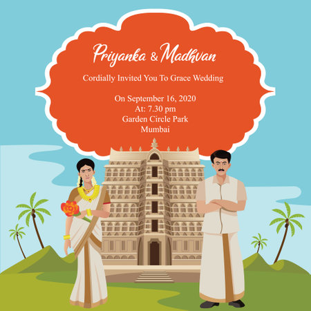 indian kerala wedding card invitation design template with temple vector illustrationのイラスト素材