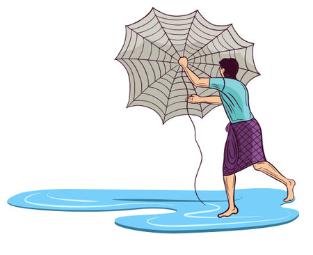 indian fisherman throwing net in water vectorのイラスト素材