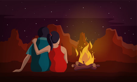 couple sitting with bonfire in night vectorのイラスト素材