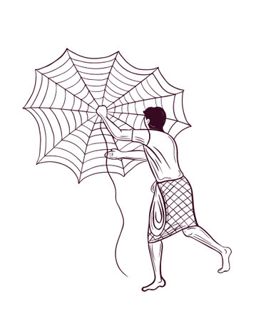 indian fisherman throwing net line drawing vectorのイラスト素材