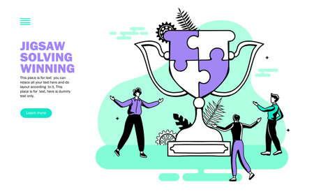 team creating winning trophy with jigsaw puzzle vector illustrationのイラスト素材