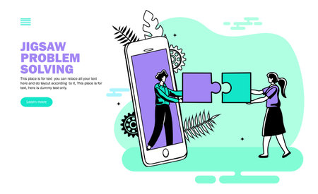 online team support for app problem with jigsaw puzzle , CRM vector illustrationのイラスト素材