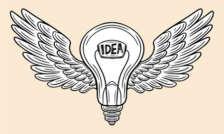 powerful idea, bulb with wings, flying innovation, creative hand drawn vectorのイラスト素材