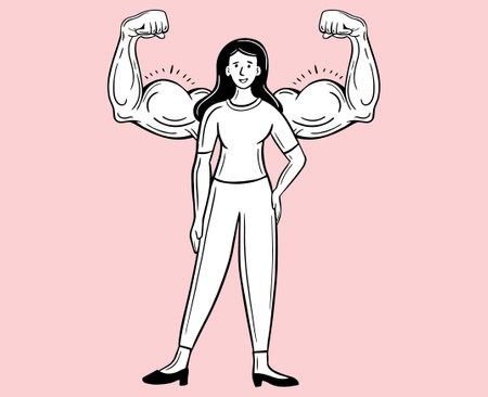 strong woman, fearless girl with strong muscle arm around, hand drawn vectorのイラスト素材
