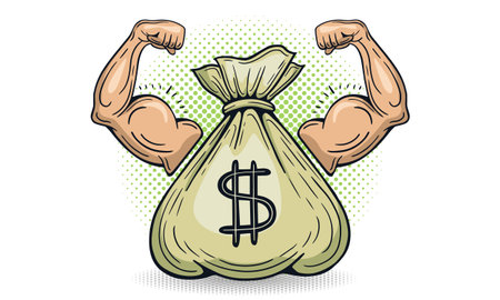 money power, money bag with powerful arm, muscles hand hand drawn vectorのイラスト素材