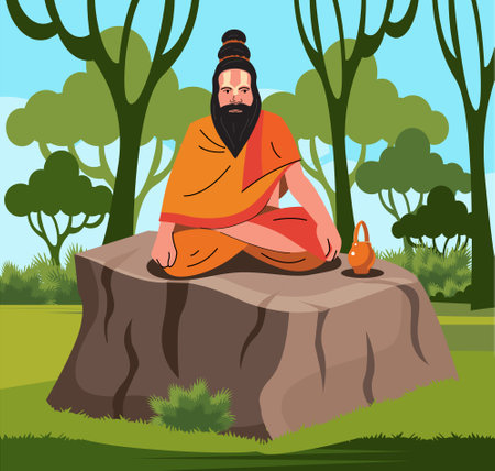 holy man, sadhu meditating in jungleのイラスト素材