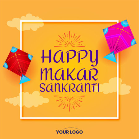 happy makar sankranti greeting kites and cloud vector greetingのイラスト素材