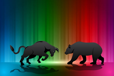 bull and bear stock market vector on colorful backgroundのイラスト素材