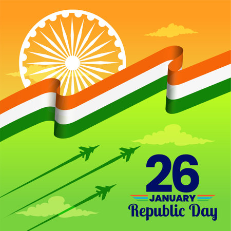 26 january republic day of india celebration with wavy indian flag and fighter jets vectorのイラスト素材