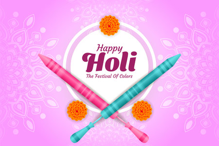 colorful happy holi hindu festival celebration greeting with color splash and pichkari vectorのイラスト素材