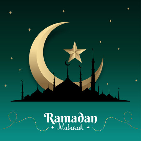 ramzan mubarak greeting with islamic mosque structure and eid moon vectorのイラスト素材