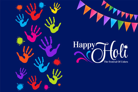colorful happy holi hindu festival celebration greeting with hand prints vectorのイラスト素材