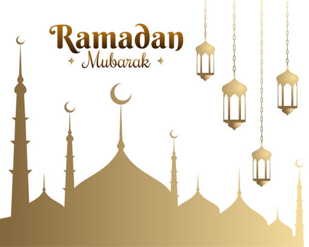 ramzan mubarak with islamic structure mosque and lantern design background vectorのイラスト素材