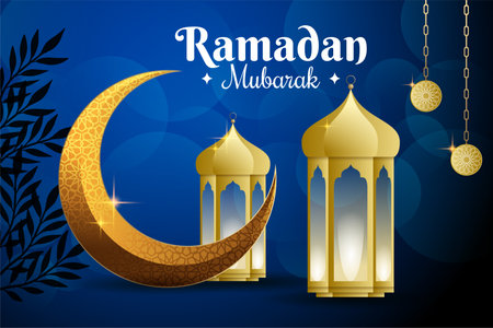 ramzan mubarak greeting with islamic design lantern and eid moon vectorのイラスト素材