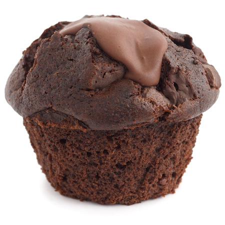 Chocolate chip muffin unwrapped on white.の写真素材