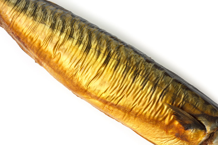 Whole smoked mackerel on white, detail of body.の写真素材