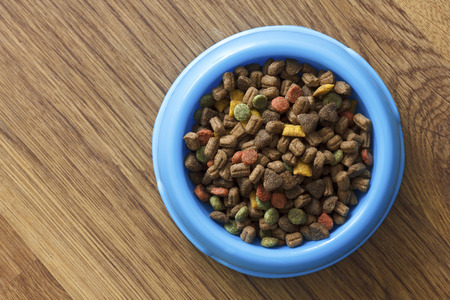 Dry cat food in blue bowl isolated on wood floor from above.の写真素材