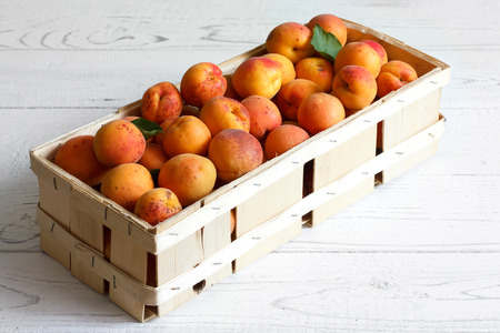 Wood box of whole orange apricots with red blush on rustic white wood. Space for text.の写真素材