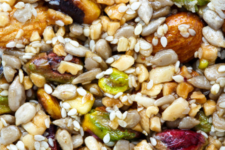 Background of fruit, nut and seed bar with pistachios.の写真素材