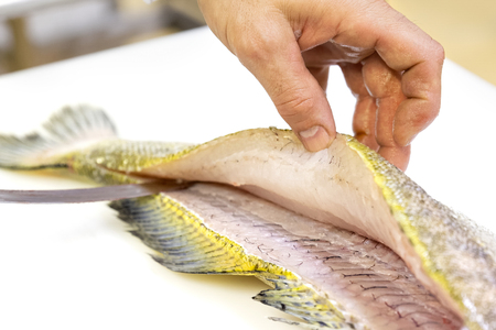A cook cutting a zander with a knife on white surface.の写真素材