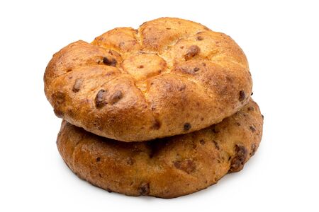 A stack of two round pork cracklings flat breads isolated on white.の写真素材