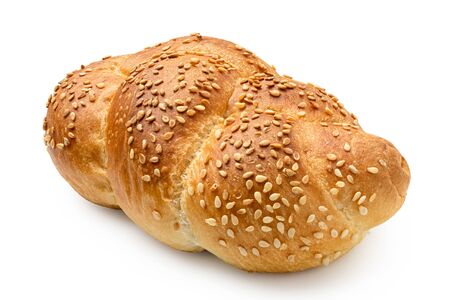 Plaited white bread roll with sesame seeds isolated on white.の写真素材