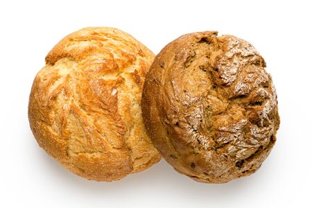 Two round rustic bread rolls isolated on white. White and whole wheat. Top view.の写真素材